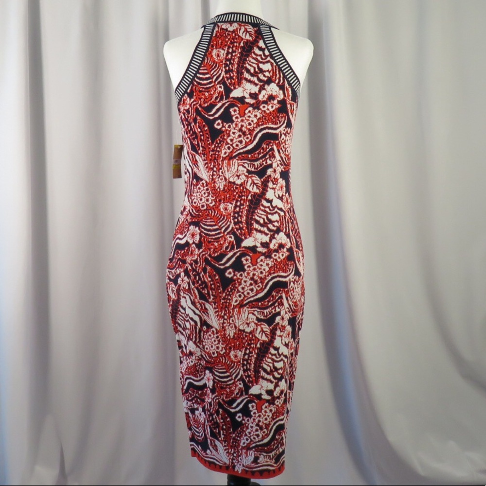 Rachel Roy Red Multi Bodycon Tank Midi Dress Racer Back, Med/Small